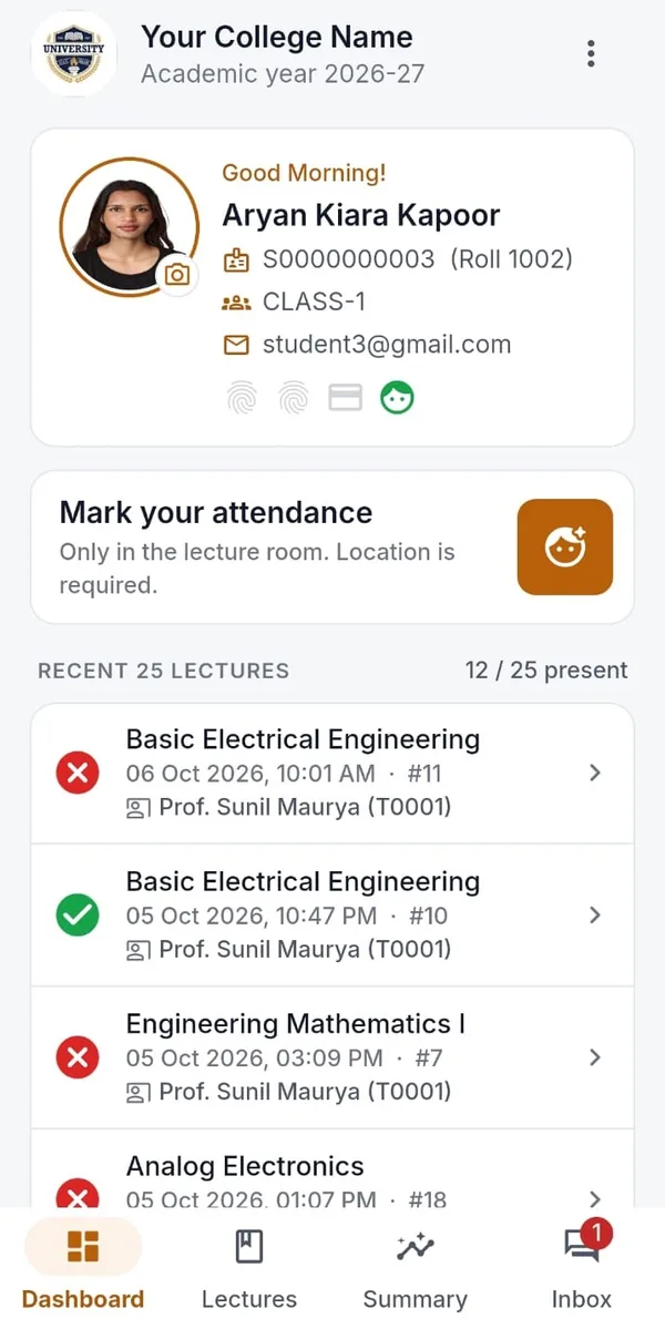 TAMS Students App dashboard showing recent lectures and attendance