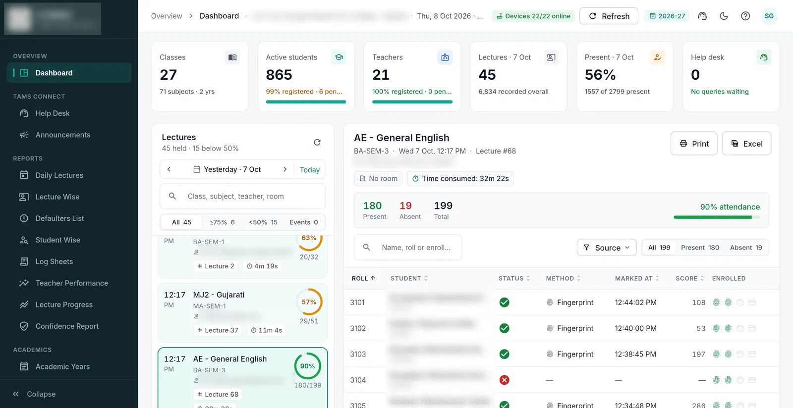 TAMS admin web panel: lecture-wise attendance with fingerprint verification